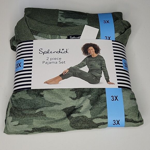$79 NEW 3X SPLENDID SOFT COZY PAJAMAS GREEN CAMO CAMOFLAGUE LOUNGE GIFT SET NWT - Picture 1 of 4